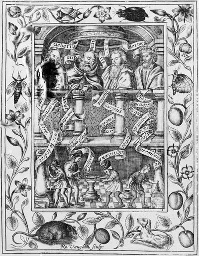 Grandi alchimisti ispirano il lavoro in laboratorio da Theatrum Chemicum Britannicum, 1652 da Robert Vaughan