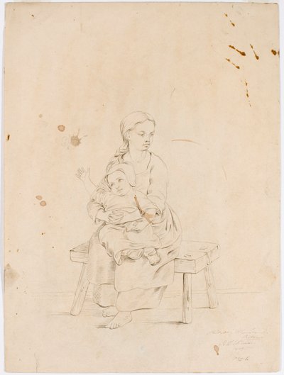 Giovane donna seduta su una panchina con un bambino piccolo in braccio da Robert Wilhelm Ekman