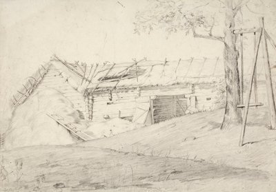Un mucchio di paglia e un albero a foglia caduca con un paletto da Robert Wilhelm Ekman
