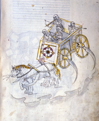 Arte della guerra: studio sulle macchine militari. carro armato equipaggiato di falci, illustrazione tratta da 