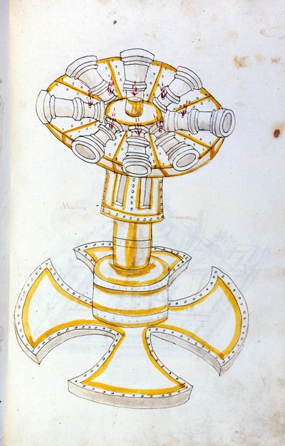 Arte della guerra: studio sulle macchine militari. cannone rotante, illustrazione tratta da 