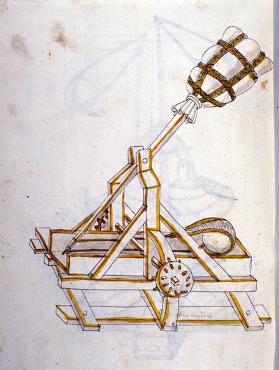 Arte della guerra: studio sulle macchine militari. una catapulta, illustrazione tratta da 