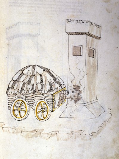 Arte della guerra: studio sulle macchine militari. una macchina equipaggiata con una corazza che assalta una torre, illustrazione tratta da 