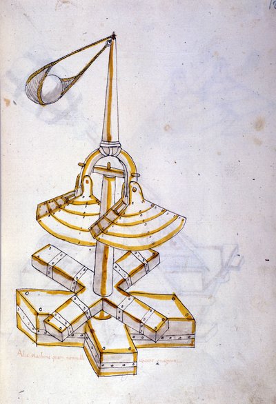 Arte della guerra: studio sulle macchine militari. una macchina lancia pietre rotante, illustrazione tratta da 