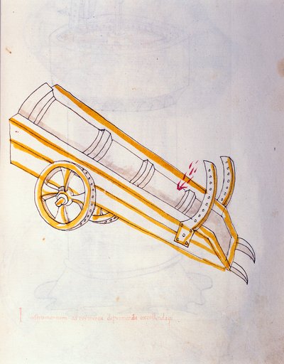 Arte della guerra: studio sulle macchine militari. Posa del cannone, illustrazione da 