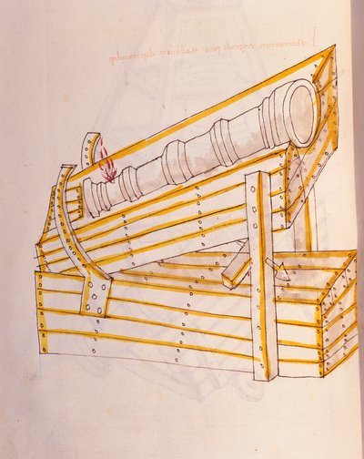 Arte della guerra: studio sulle macchine militari. Posa del cannone con un sistema per sollevarlo, illustrazione da 