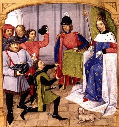 Il re di Francia Filippo V (1293-1322) riceve le tasse, illuminazione di Robinet Testard da "Grandes chroniques de France" 1471 da Robinet Testard