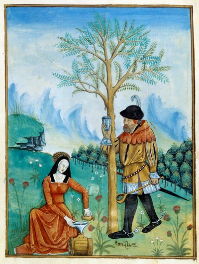 La raccolta del balsamo. Un uomo raccoglie la resina, o linfa, che scorre da un albero (Flora: balsamiera), usata per la medicina, mentre una donna la mette in una botte. Miniatura nel Libro dei semplici medici (Folio 187v) ca. 1520-1530. Miniato da Testar da Robinet Testard