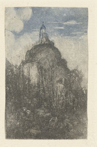 Edificio su una roccia e pastori riposanti con pecore ai piedi della roccia da Rodolphe Bresdin