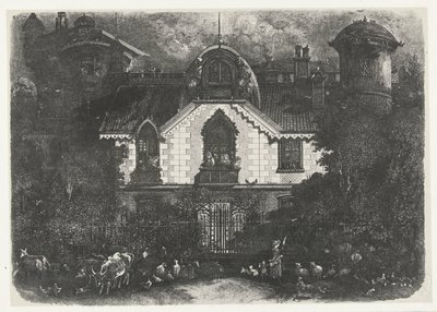 Casa con torre dietro una recinzione e pastorella con bestiame da Rodolphe Bresdin