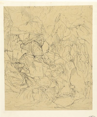 Paesaggio roccioso spoglio, in primo piano a sinistra una cascata da Rodolphe Bresdin