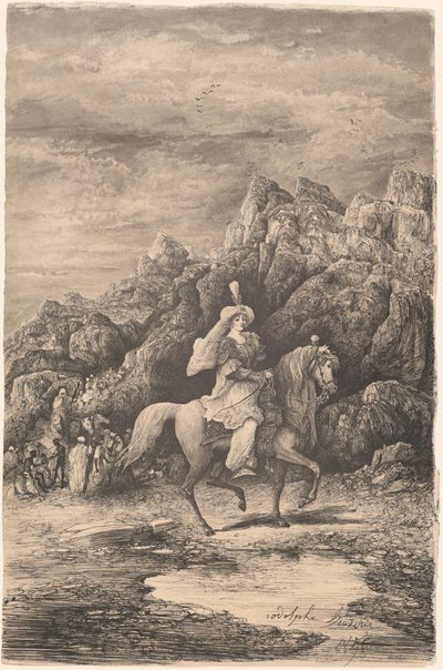 Cavallerizza orientale in un paesaggio montano desolato da Rodolphe Bresdin