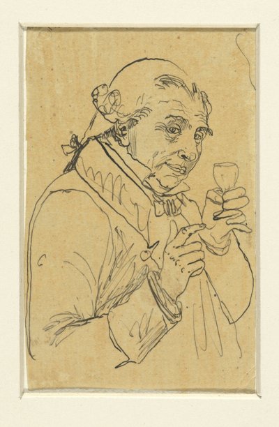 Alter Herr im 18. Jahrhundert Kostüm, in der linken Hand ein Glas Wein erhebend da Rodolphe Bresdin