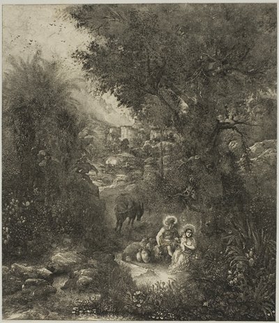 Riposo durante la fuga in Egitto con asino sellato da Rodolphe Bresdin