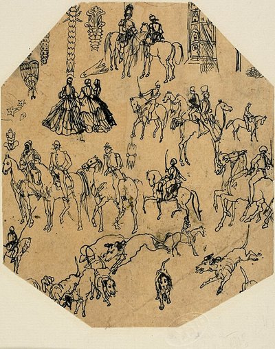 Foglio di schizzi: Segugi, cavalieri, dame. Elementi architettonici, insetti da Rodolphe Bresdin
