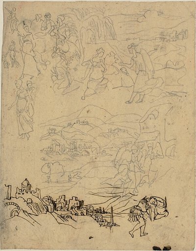 Schizzi di scene bibliche, città sul lago, villaggio di montagna, guerriero da Rodolphe Bresdin