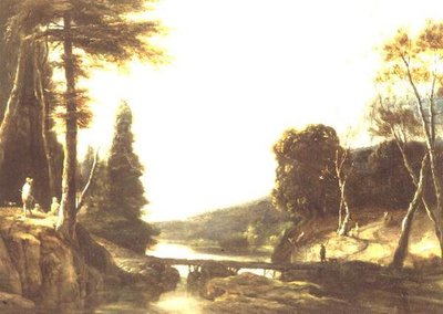 Paesaggio fluviale roccioso e boscoso con contadini su un sentiero e pastori vicino a un ponte pedonale da Roelandt Roghman