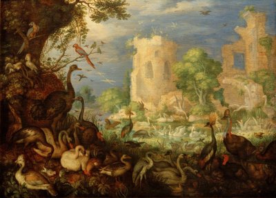 R. Savery, Uccelli esotici, paesaggio da Roelandt Savery