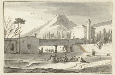 Paesaggio montuoso italianeggiante con una chiesa a rotonda da Roelant Roghman