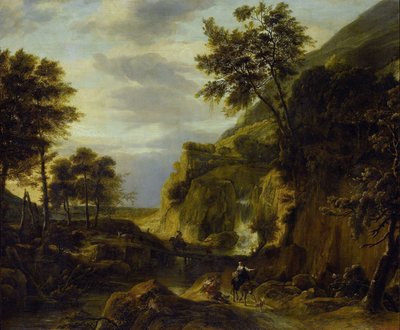 Paesaggio montuoso con cascata da Roelant Roghman
