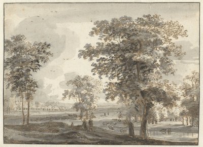 Paesaggio boscoso con pastori vicino a un fiume da Roelant Roghman