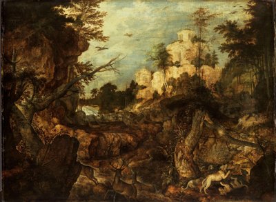 Caccia al cinghiale in un paesaggio roccioso da Roelant Savery