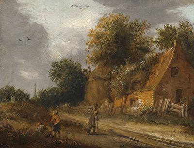 Tre figure che passano lungo una strada davanti a un cottage da Roelof Jansz van Vries