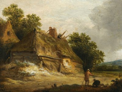 Due figure che passano lungo la strada davanti a un cottage da Roelof Jansz van Vries