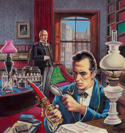 Sherlock Holmes nel suo studio (gouache su carta) da Roger (after) Payne