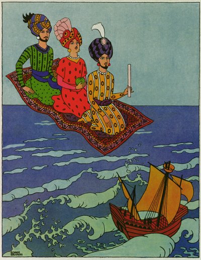 Sono stati trasportati rapidamente, illustrazione per "Il principe Ahmed e la fata Pari Banou", da "Le mille e una notte". da Roger Broders