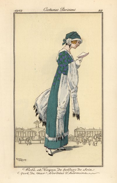 Donna che legge una lettera con abito e cappello a toque di velluto di seta verde mare bordato di ermellino. Scialle e manicotto in ermellino, Incisione a pochoir (stencil) colorata a mano da un