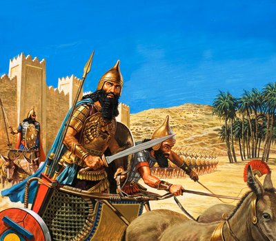 Il re Hammurabi va in guerra, il suo carro è trainato da asini di una razza particolarmente resistente. da Roger Payne