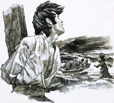 Roger Quinn legato a una trave a Christmas Cay da Roger Payne