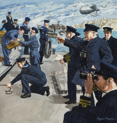 Winston Churchill (1874-1965) in scena navale (guazzo su carta) da Roger Payne