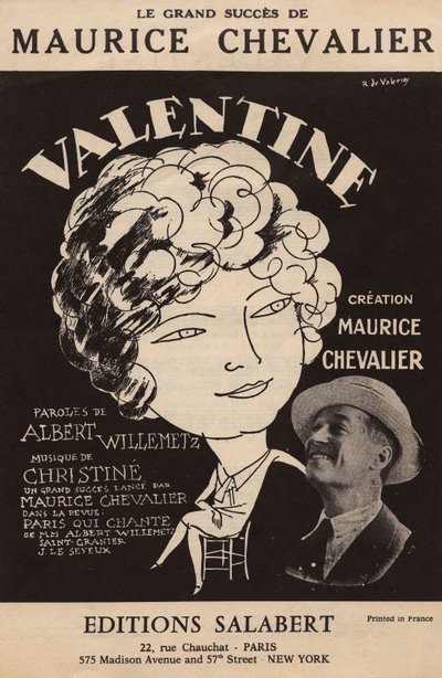 Copertina della partitura del grande successo di Maurice Chevalier "Valentine" testo di Albert Willemetz musica di Christine edizioni Salabert, 1925 circa (stampa) da Roger de Valerio