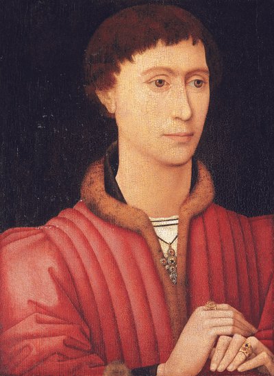 Ritratto di un giovane uomo, busto, in un doppietto rosso bordato di pelliccia, c.1450-60 da Rogier van der (circle of) Weyden