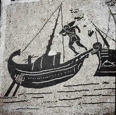 Una nave di Cagliari che ritorna al porto di Ostia (mosaico) da Roman