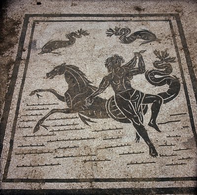 Antica Ostia. Piazza delle Corporazioni. Mosaico della Corporazione dei Marinai di Sabratha. Una ninfa e un cavallo marino da Roman