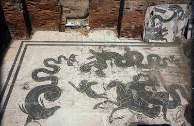 Antica Ostia. Piazza delle Corporazioni. Mosaico della Corporazione dei Marinai di Sabratha. Terme di Nettuno da Roman
