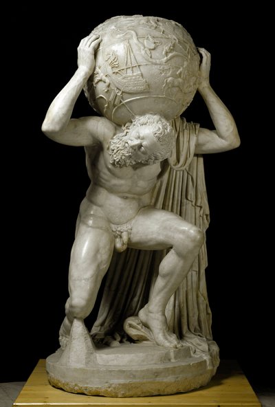 Atlante Farnese che porta il globo celeste simboleggiante la conoscenza astronomica del periodo. Scultura romana in marmo dopo un originale greco. II secolo. Museo Archeologico Nazionale, Napoli da Roman