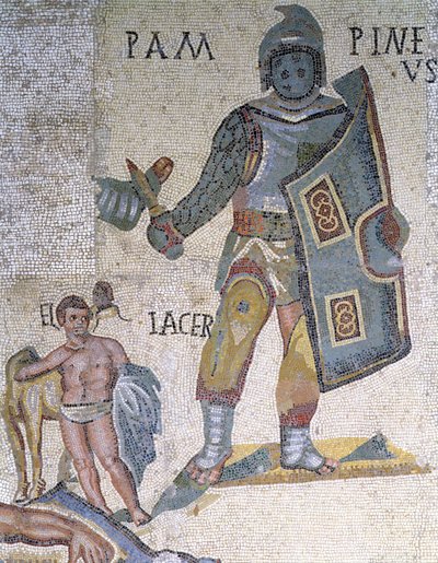Battaglia tra gladiatori, dettaglio di un gladiatore armato di pugnale e scudo, 320 d.C. da Roman