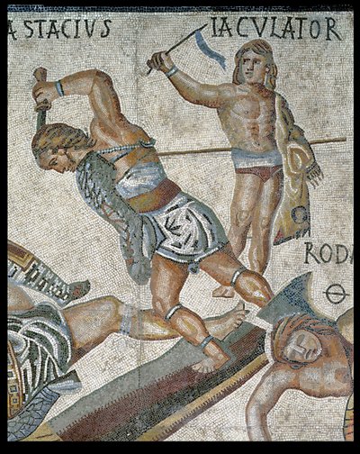 Battaglia tra gladiatori, dettaglio di un gladiatore che combatte e un gladiatore vittorioso, 320 d.C. da Roman