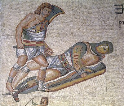 Battaglia tra gladiatori, dettaglio di un gladiatore che immobilizza un altro a terra, 320 d.C. da Roman