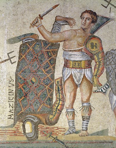 Battaglia tra gladiatori, dettaglio di un gladiatore vittorioso, 320 d.C. da Roman