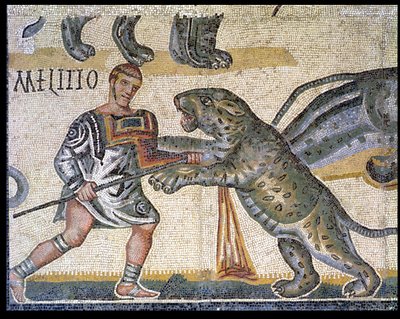 Battaglia di gladiatori contro i felini, dettaglio che raffigura un gladiatore che trafigge un felino da Roman