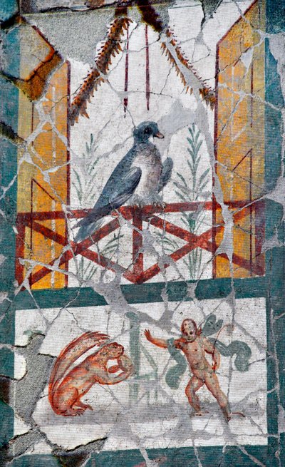 Sotto un uccello posato su un balcone, un Amore affronta uno scoiattolo. Fine I secolo da Roman