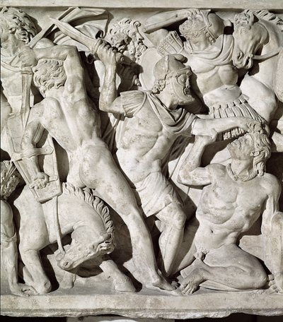 (dettaglio) di un sarcofago raffigurante una battaglia tra Romani e Galati da Roman