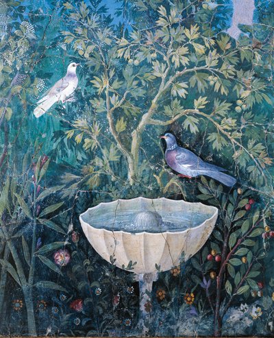 Dettaglio di fontana e uccelli da un dipinto di giardino, Casa del Bracciale d
