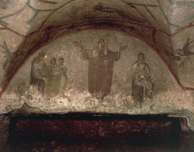 Figura di una giovane donna con il capo velato che prega con le braccia tese, Via Salaria da Roman