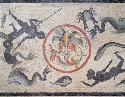Pescatori e creature marine, I secolo d.C. (mosaico) da Roman